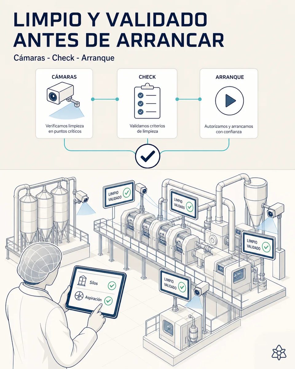 Responsable de calidad con cofia validando en una tableta silos y aspiración, mientras cámaras Edge sobre bancos de molturación, ciclón y ensacadora muestran carteles de limpio y validado