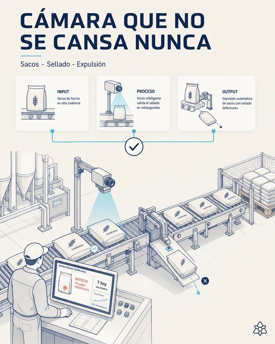 Cámara Edge sobre la cinta de ensacado inspeccionando sacos de harina, con un desviador expulsando un saco defectuoso y una pantalla que marca sellado incompleto y siete expulsados en el día