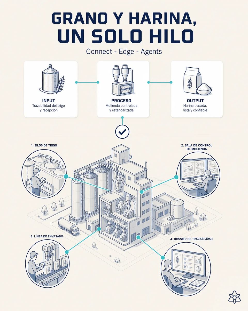 Vista isométrica de un molino harinero con silos de trigo, sala de control de molienda, línea de envasado y dossier de trazabilidad, unidos por líneas que forman un único hilo del grano a la harina