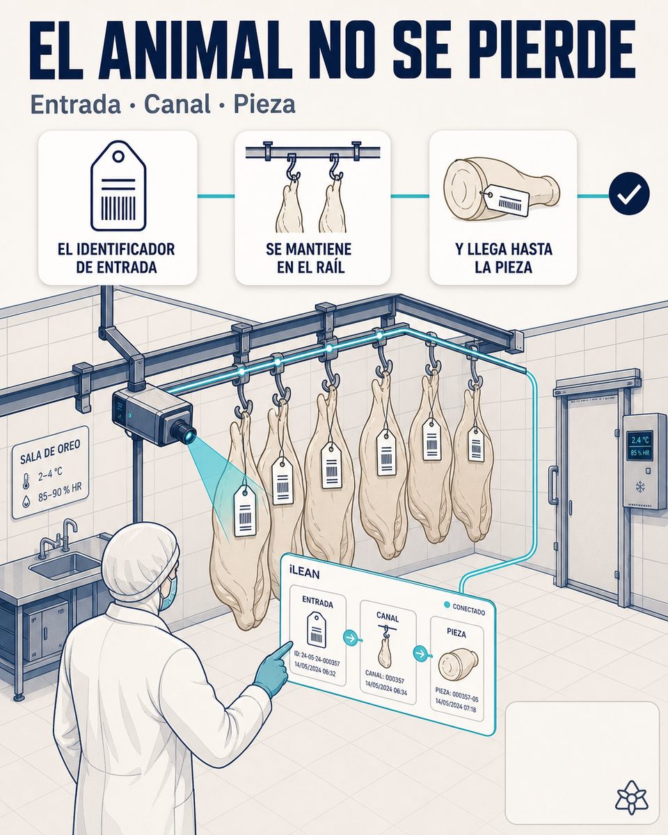 Sala de sacrificio bovino con cámara iLEAN leyendo crotal en oreja del animal, gancho con tag, pantalla mostrando DIB digital — identificación con IA