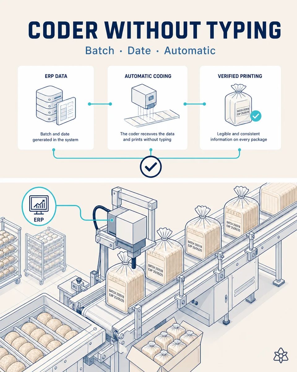 Illustration of a date coder linked to the ERP printing batch and expiry on bagged sliced loaves moving along a conveyor, with racks of buns and a packed case beside the line