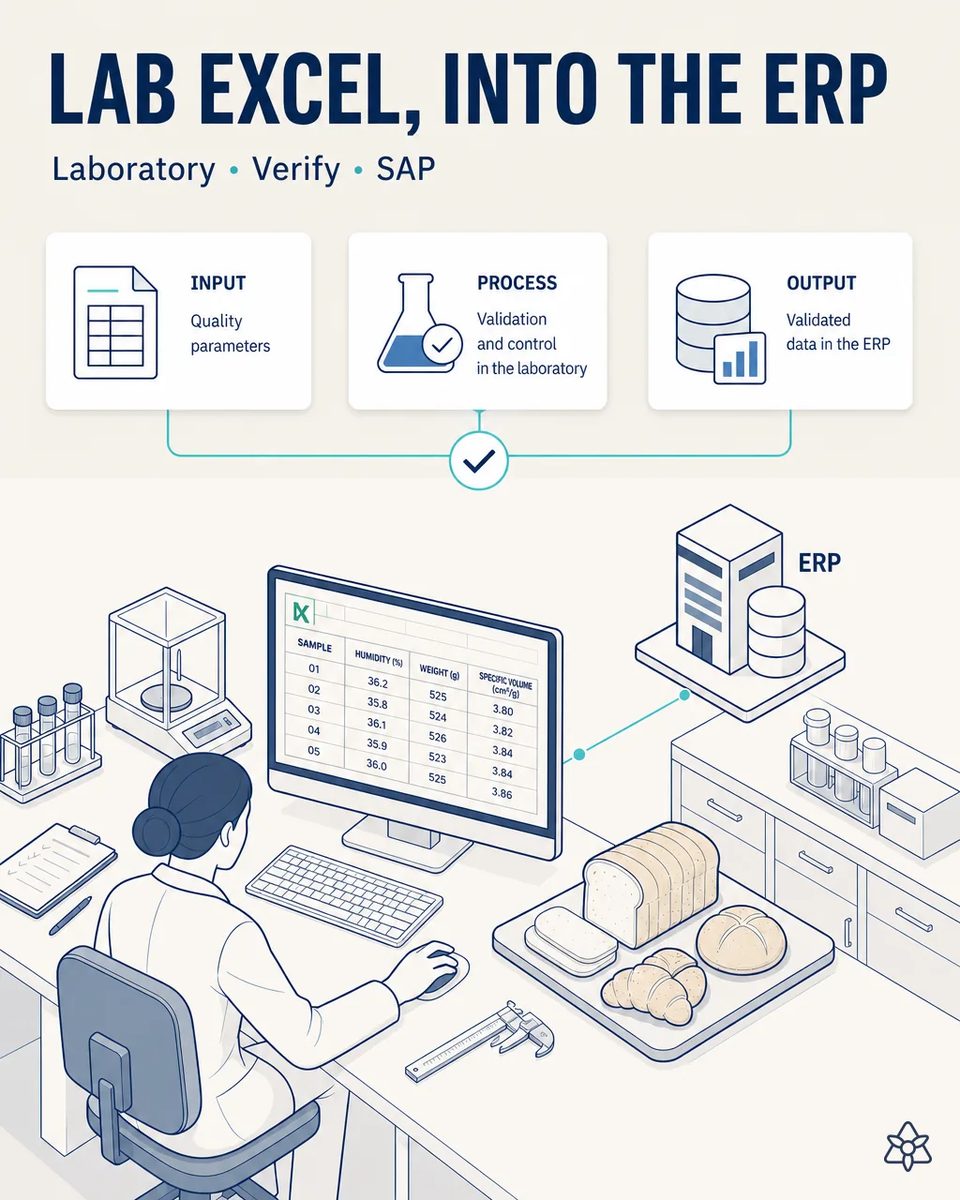 Illustration of a quality technician at a lab desk with a spreadsheet of crumb moisture, weight and specific volume per sample, a precision balance, a sliced loaf and a link to the ERP