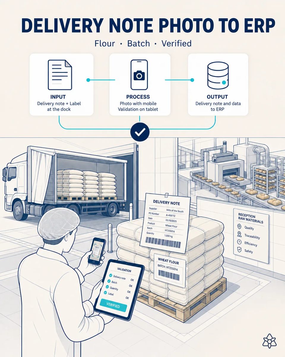 Illustration of a receiving manager at the dock photographing a delivery note pinned to a pallet of wheat flour sacks, with a truck behind and a tablet showing batch and quantity verified