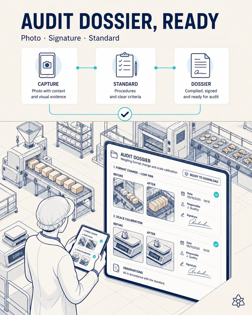 Illustration of a quality manager with a tablet beside a large screen showing an audit dossier with before and after photos of a loaf pan format change and a scale calibration, ready to download