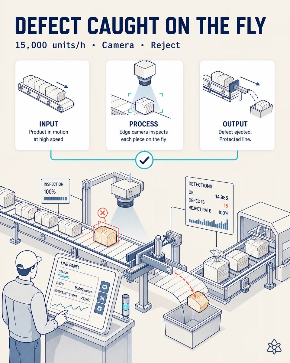 Illustration of an overhead Edge camera inspecting sliced loaves on a conveyor, flagging one defective loaf that a pusher ejects into a bin, with a line panel showing 15,000 units per hour