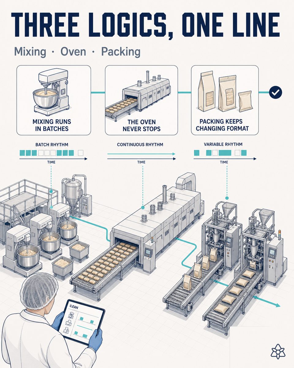 Industrial bakery line with a tunnel oven and a belt of bread pieces inspected 100% by the iLEAN vision system