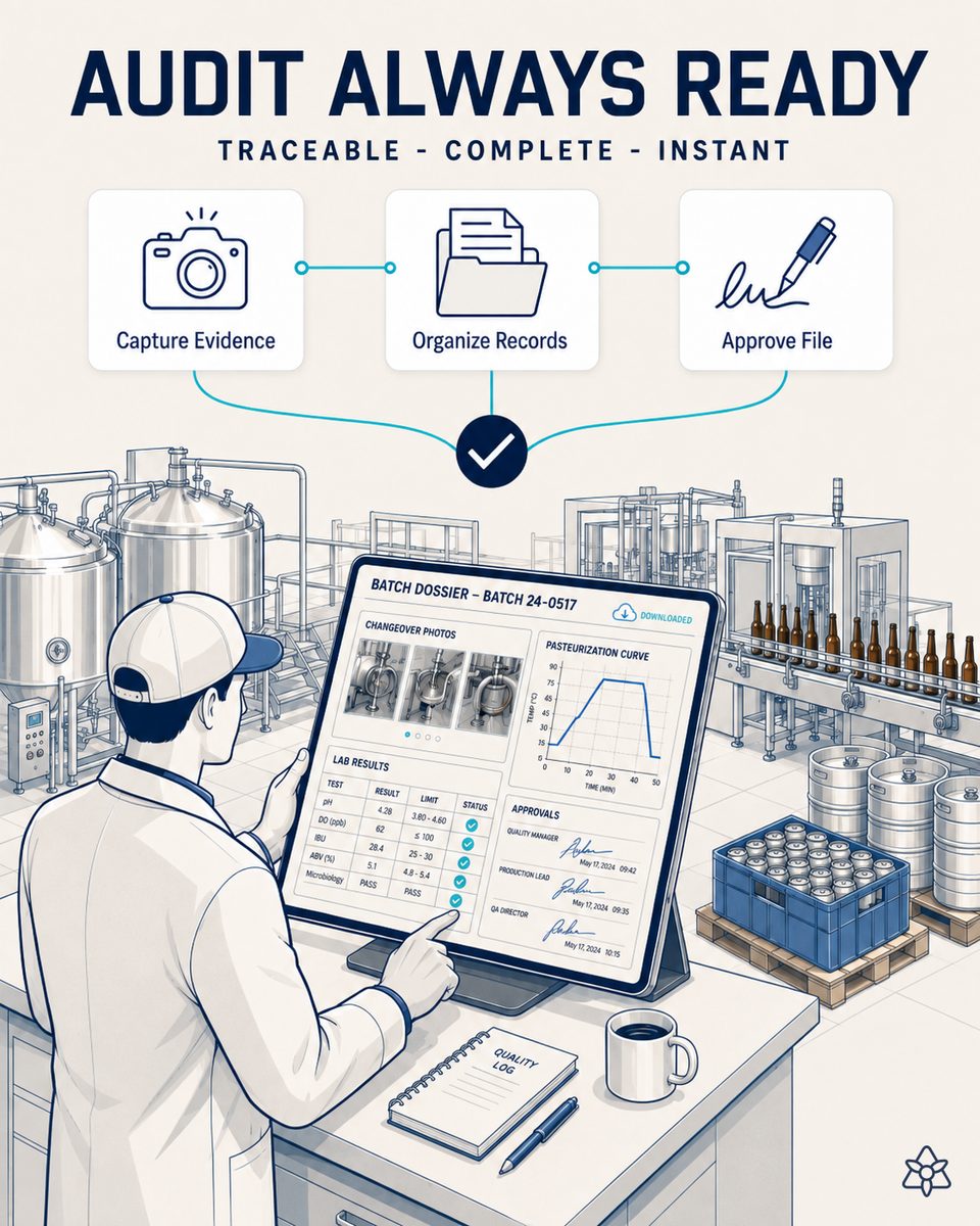 Brewery quality manager downloading a batch's auditable dossier, with changeover photos, pasteurization curve, lab results and signatures already organized