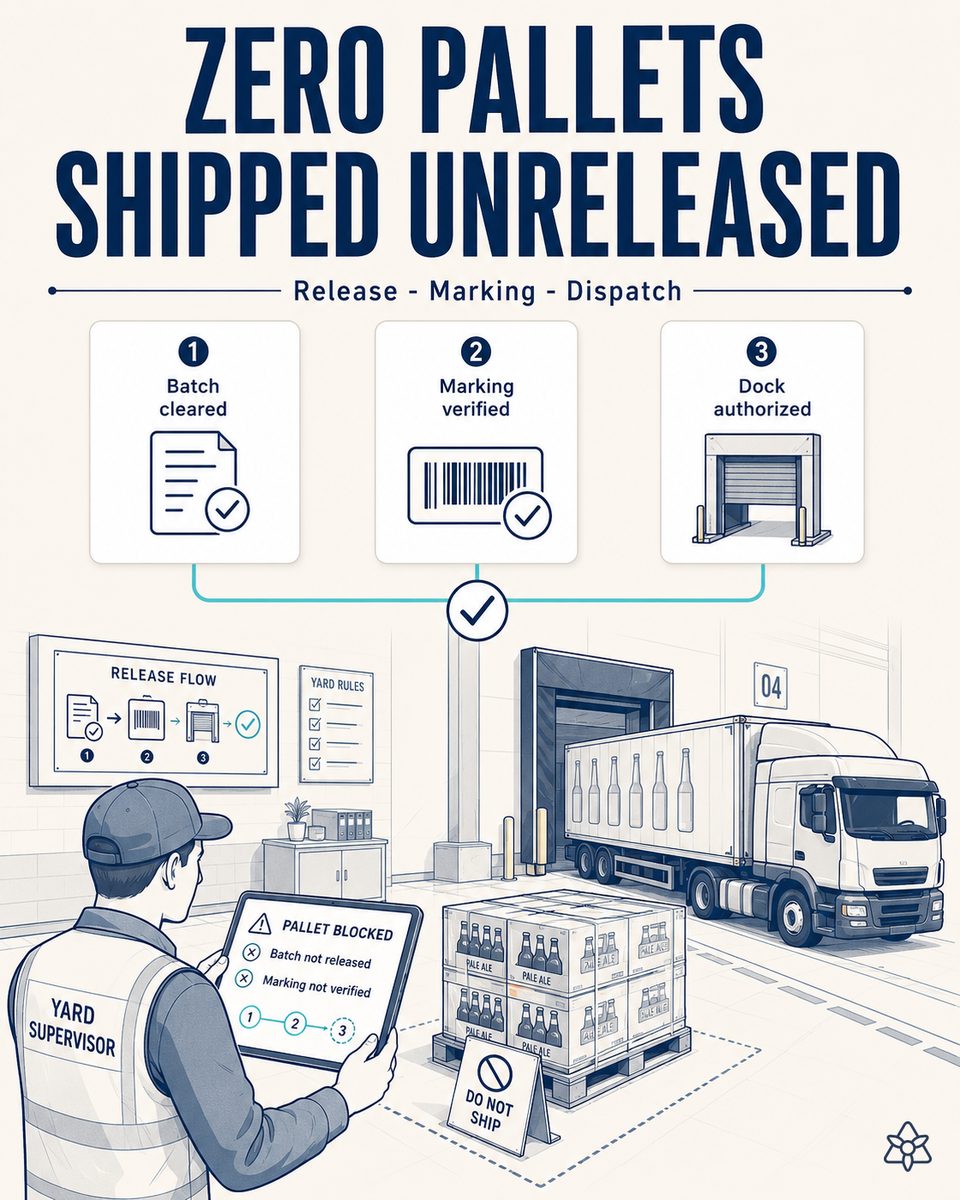 Brewery yard supervisor seeing on their tablet that a pallet is blocked at the loading dock because its batch is not released, with the truck waiting