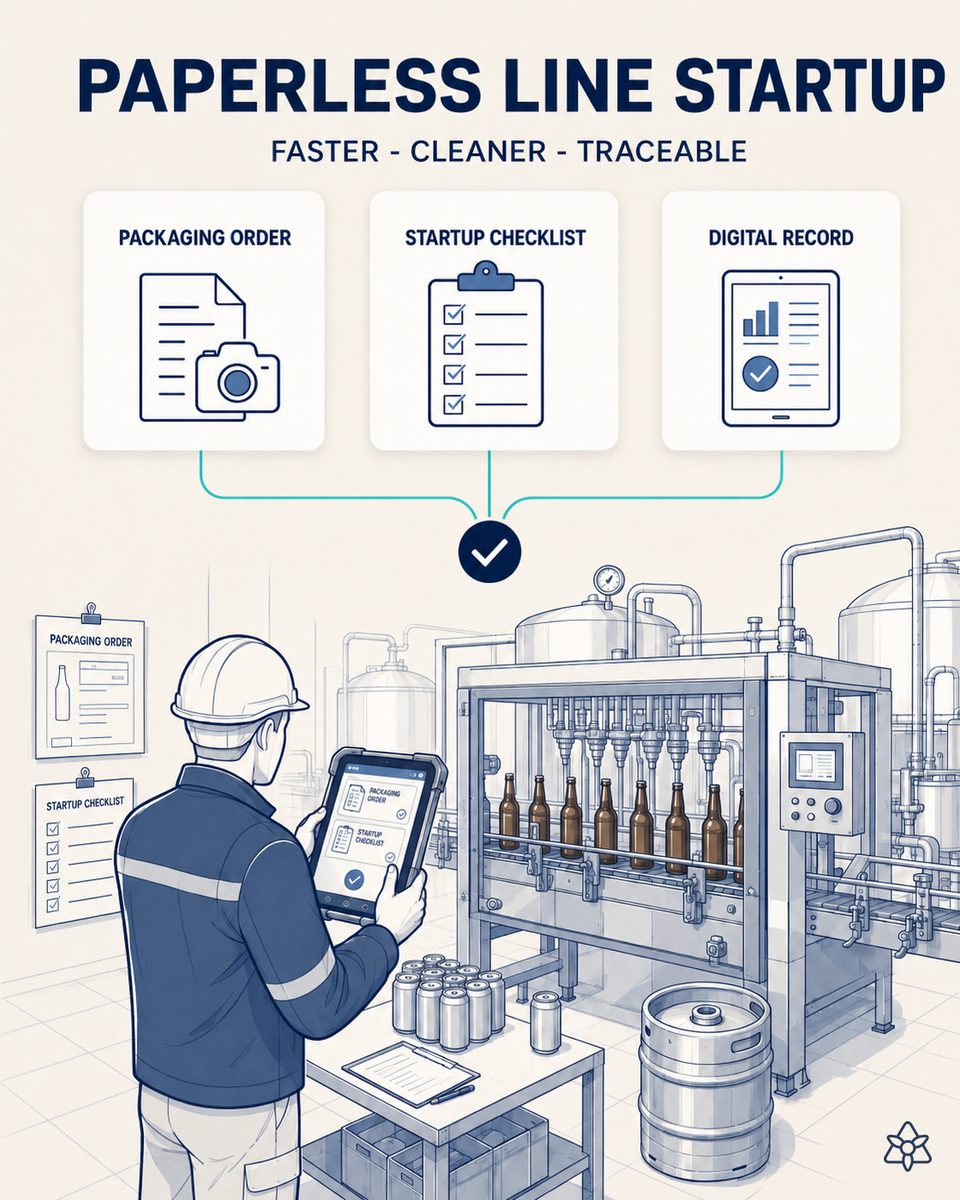 Brewery line lead photographing the packaging order and startup checklist with an industrial tablet next to the filler — Connect digitizes both on the spot