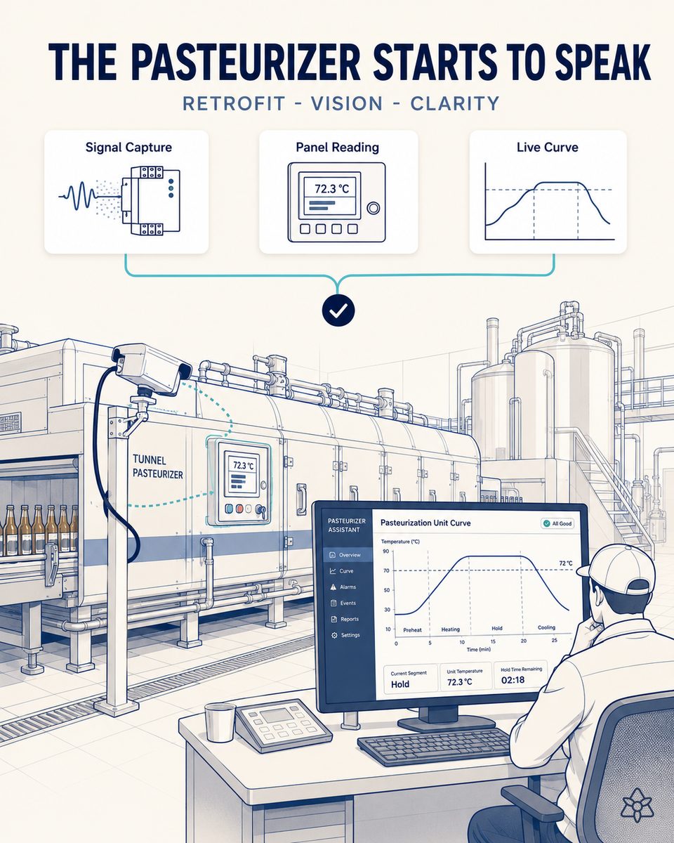 Fixed industrial camera pointed at the control panel of a brewery tunnel pasteurizer, with the pasteurization unit curve rebuilt on a screen beside the line