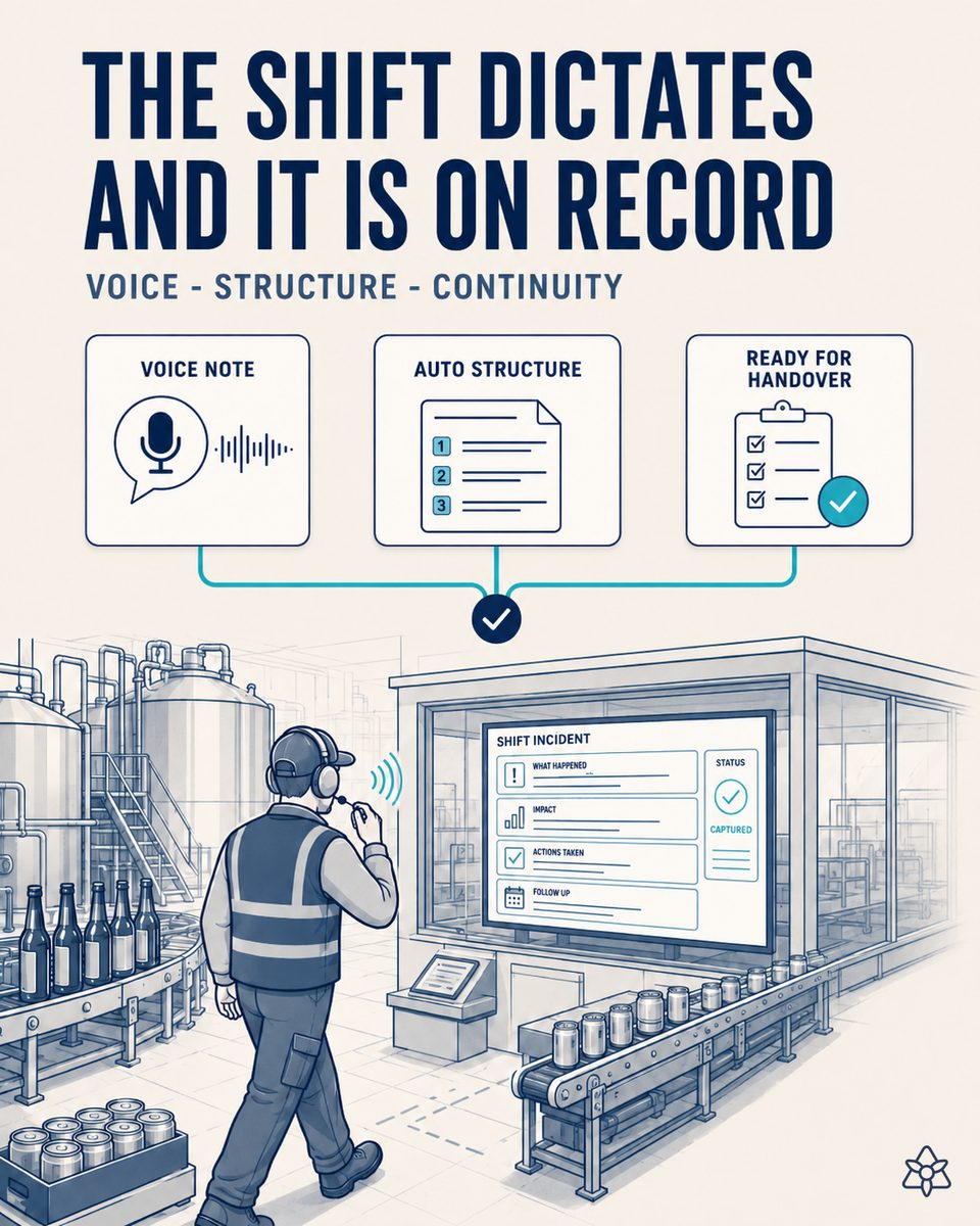 Brewery shift lead walking between packaging lines with hearing protection and an earpiece, dictating an incident that appears structured on the control room screen