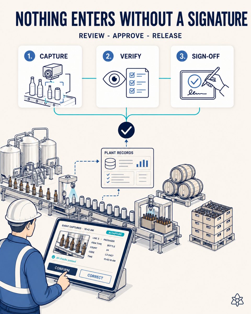 Industrial tablet at a packaging line showing the visual summary of an iLEAN capture with two buttons, confirm or correct, before the data enters the central system