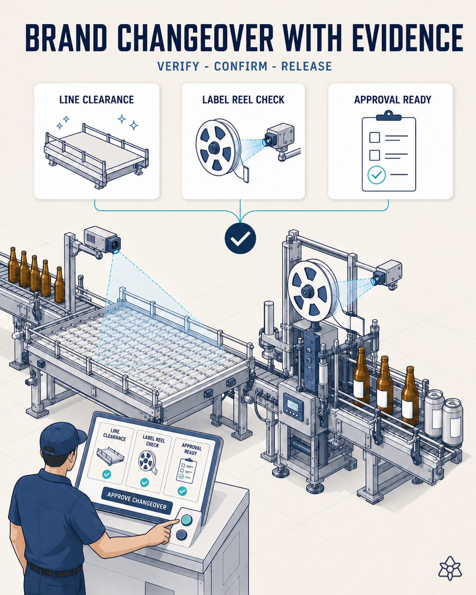 Vision cameras verifying the cleared accumulation table and the mounted label reel during a brand changeover on a beer packaging line