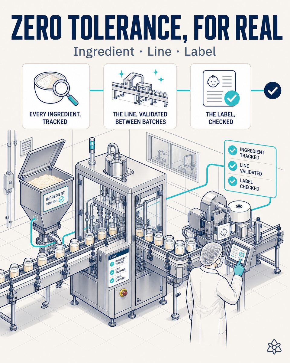 Baby purée packing line with jars on the conveyor, an iLEAN Edge camera over the label and validated CIP — allergen traceability with AI, zero tolerance