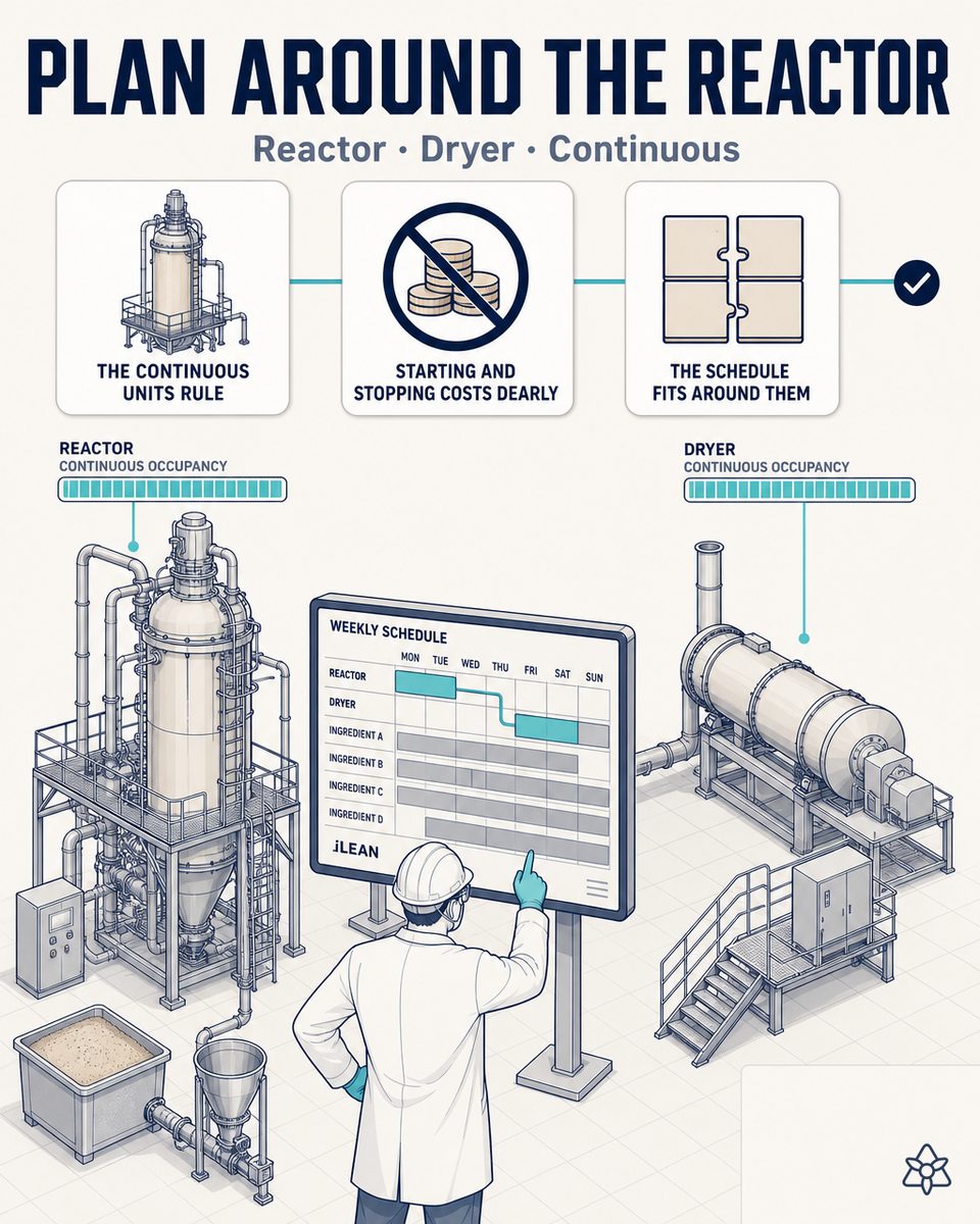 Production plan for an ingredients plant with the reactor, the dryer and the extruder running long campaigns and packing and milling planned separately