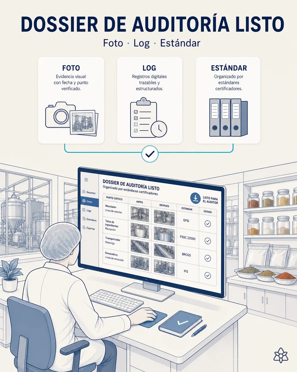 Técnica de calidad con cofia revisando en pantalla un dossier de auditoría con fotos antes y después de mezclador, tolva, transportador y envasadora por estándar, junto a estanterías de botes de muestras