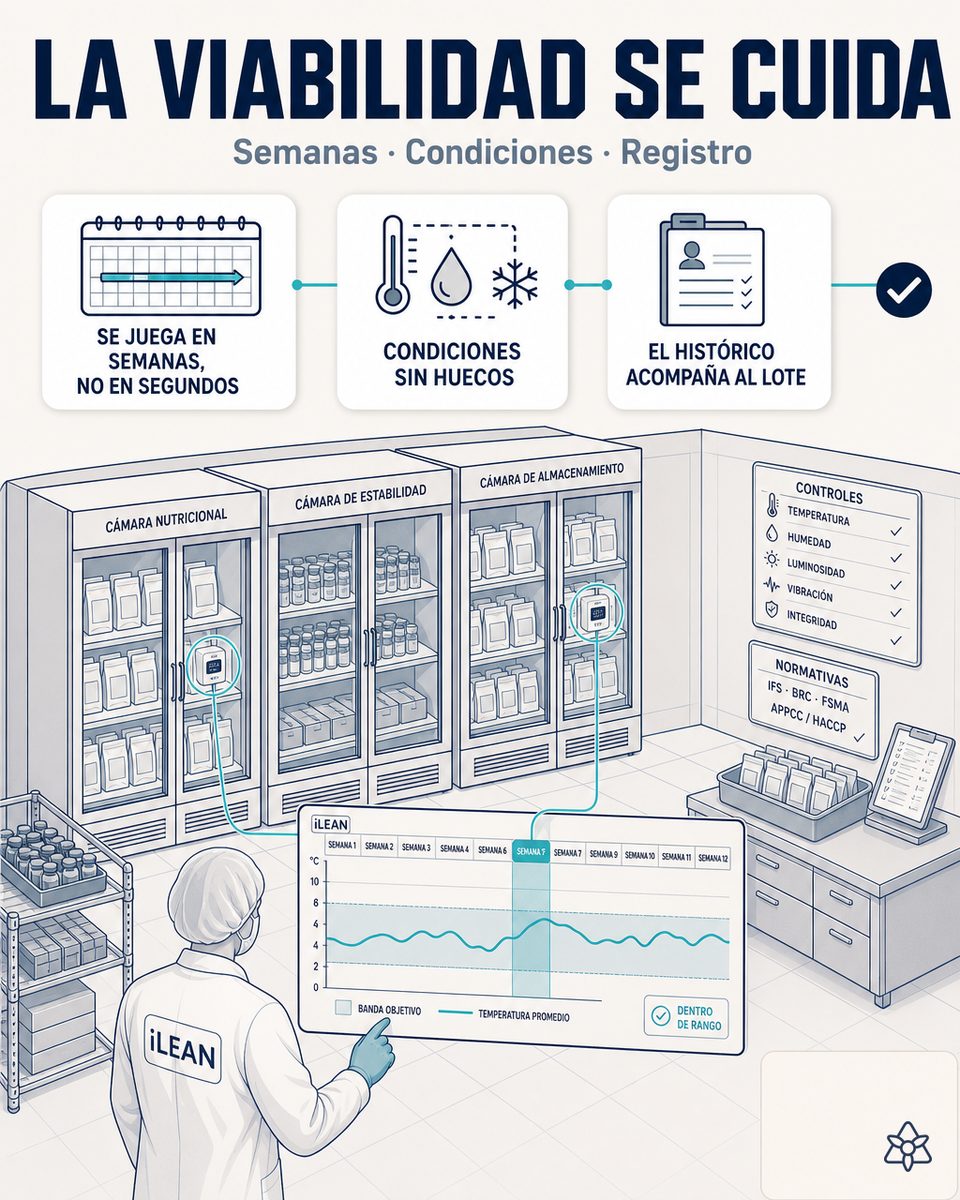 Sala de mezcla de ingrediente funcional con sondas de temperatura y terminal iLEAN integrando datos de cadena fría — calidad de probióticos y prebióticos