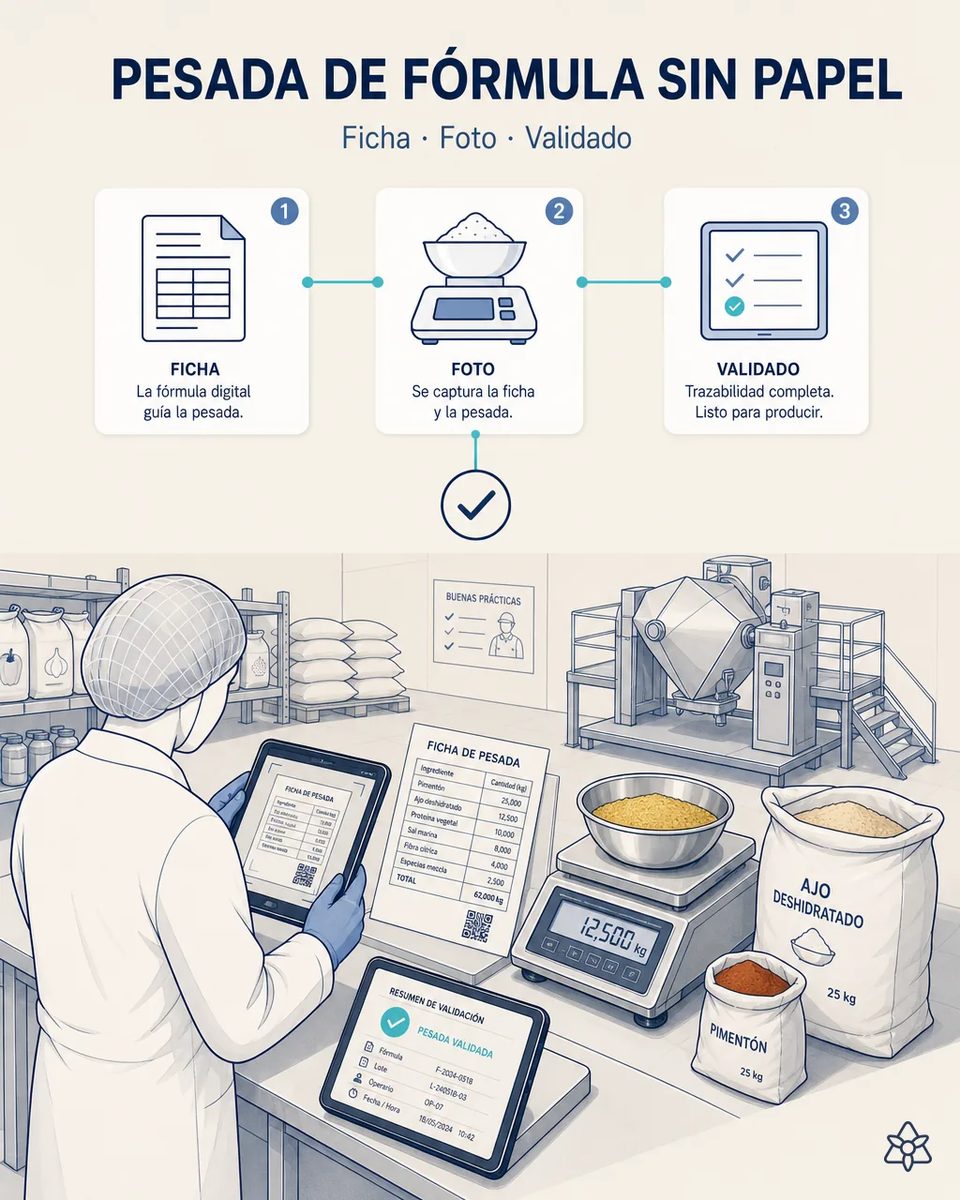 Pesador con cofia fotografiando con una tableta la ficha de pesada impresa junto a una báscula de sobremesa, con sacos de ajo deshidratado y pimentón y una mezcladora bicónica al fondo