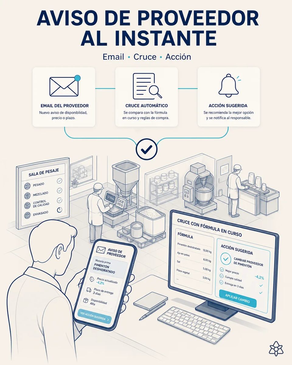 Responsable de compras leyendo en el móvil un aviso de proveedor sobre pimentón deshidratado, con una pantalla que cruza el aviso con la fórmula en curso y la sala de pesaje al fondo