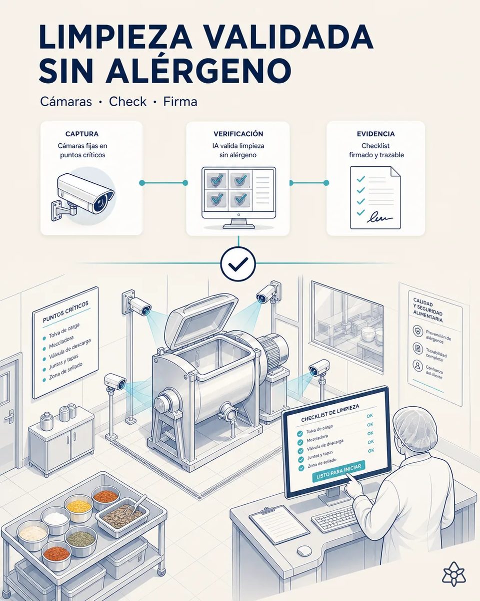 Mezcladora horizontal abierta con cámaras fijas apuntando a la tolva de carga, la válvula de descarga y las juntas, y una técnica de calidad pulsando listo para iniciar en el checklist de limpieza