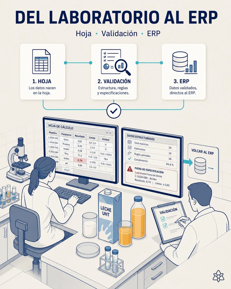 Técnica de laboratorio ante la hoja de cálculo con grasa, proteína, acidez y grados Brix por muestra, la pantalla que marca una acidez fuera de especificación y el responsable validando en tableta antes del ERP