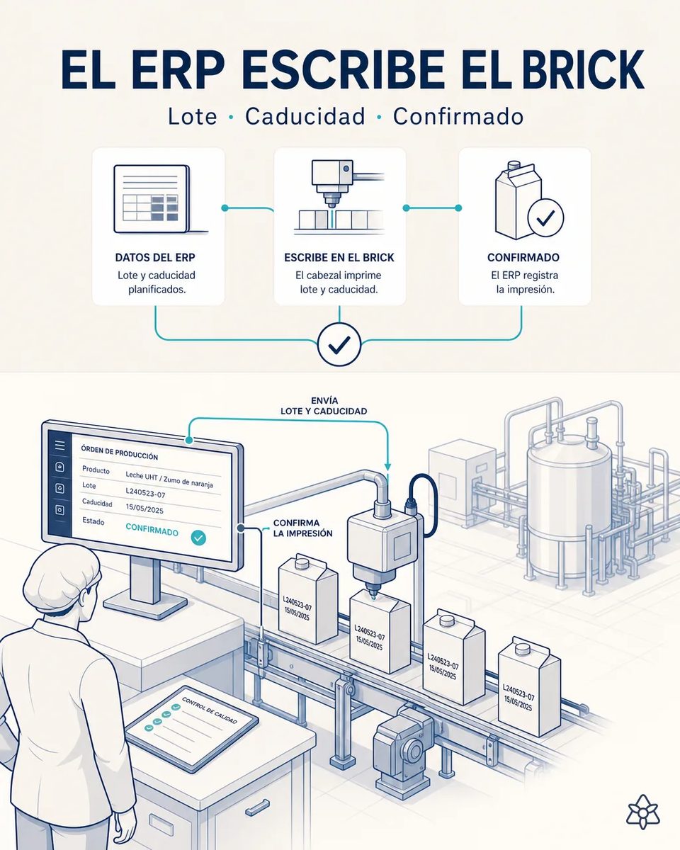 Pantalla de la orden de producción del ERP con lote y caducidad enviados al cabezal de la codificadora, que los imprime en cada brick de la cinta y devuelve la confirmación de lo impreso