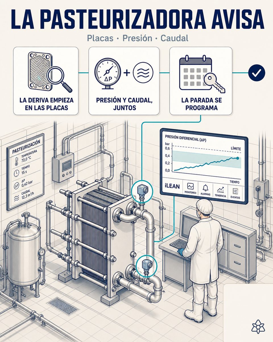 Pasteurizadora HTST con sensores de vibración en bomba centrífuga y terminal Edge leyendo presión diferencial — mantenimiento predictivo con IA