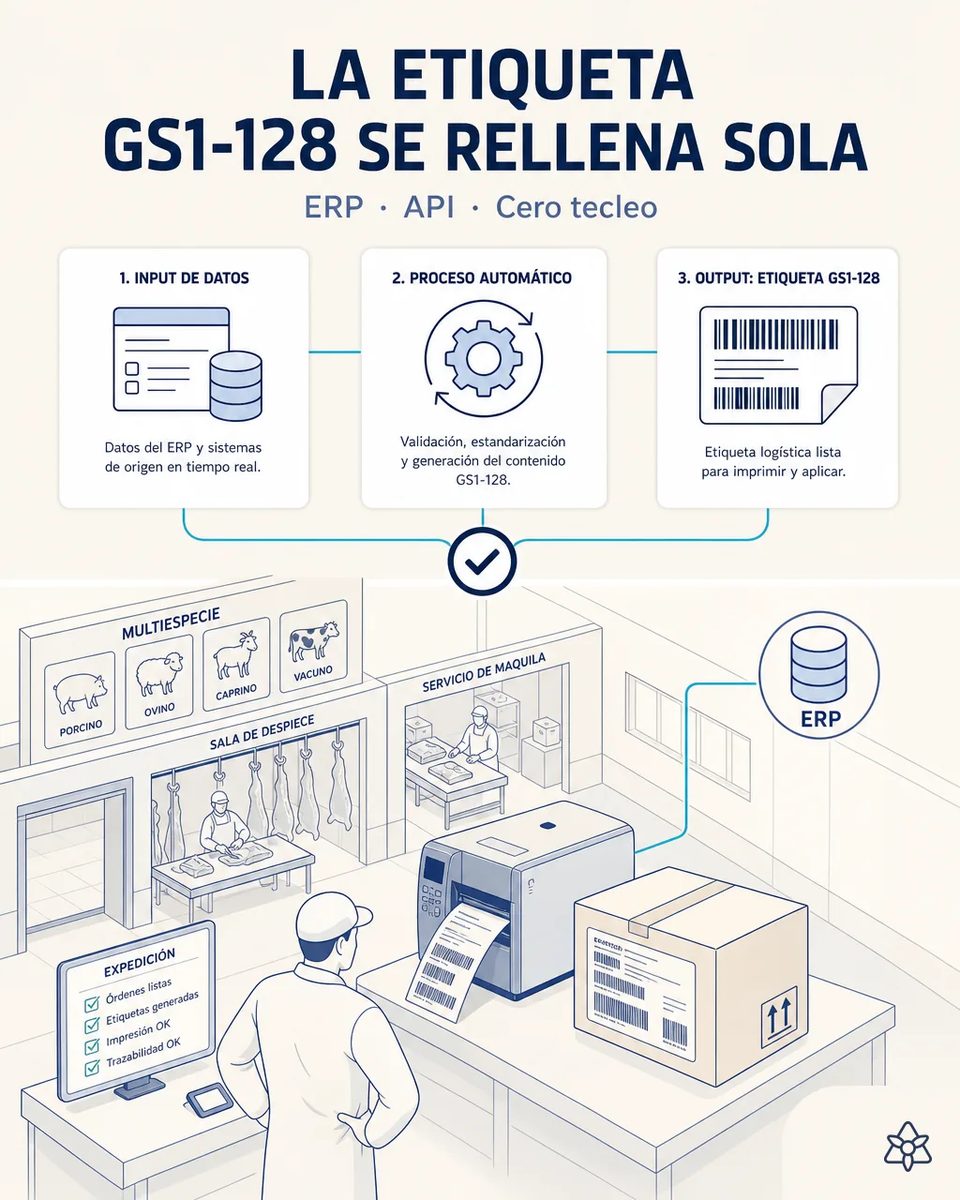 Operario en el muelle de expedición ante la impresora que emite la etiqueta GS1-128, con la caja ya identificada, la pantalla de órdenes listas y el enlace al ERP dibujado al fondo