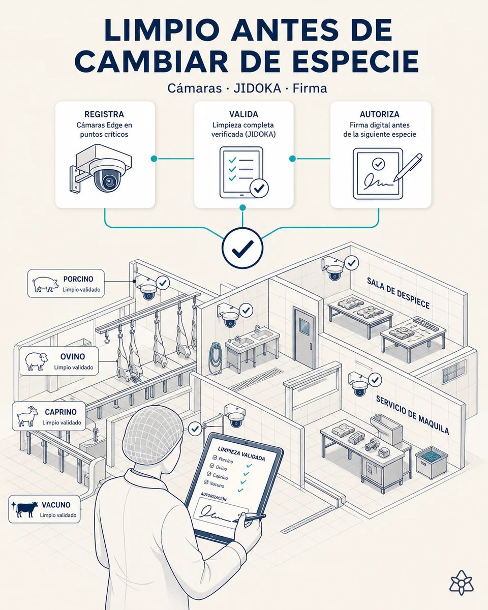 Cámaras con marca de validación en los puntos críticos de la línea y la sala de despiece, mientras una responsable firma en la tableta la limpieza validada por especie antes del cambio