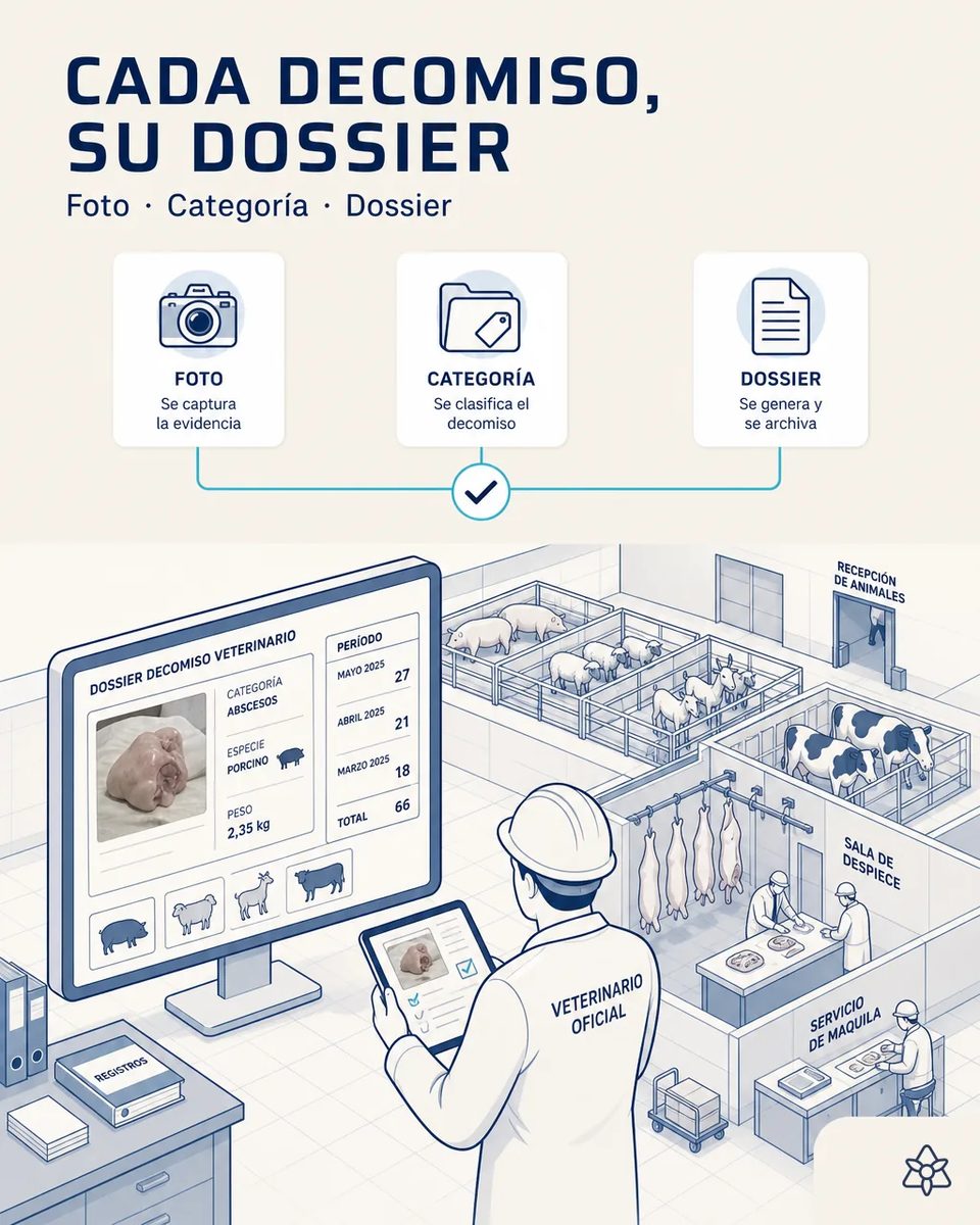 Veterinario oficial revisando en la tableta el dossier de un decomiso —foto, categoría, especie y peso— junto a la pantalla con el recuento del período y los corrales de recepción al fondo