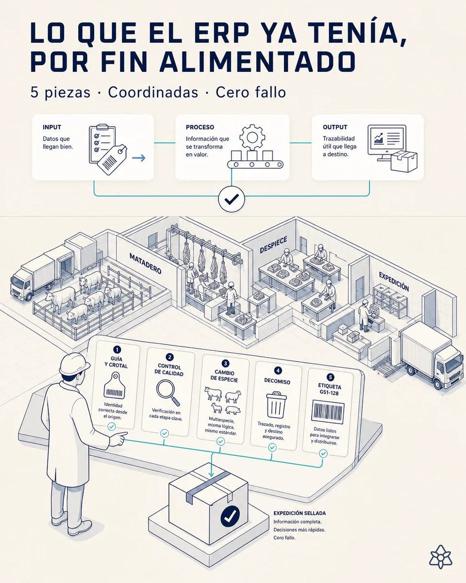 Croquis de la planta completa —recepción de ganado, línea de sacrificio, sala de despiece y muelle— con las cinco piezas numeradas delante y la caja de expedición sellada al final del recorrido