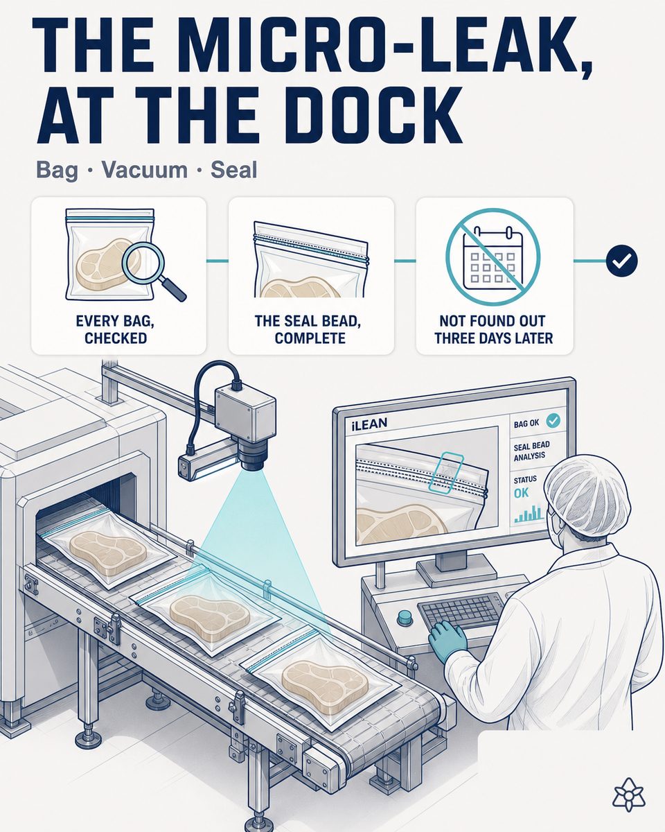 Meat thermosealer outfeed with an iLEAN Edge camera over the vacuum bags, side ejector and an operator supervising — leak detection with AI