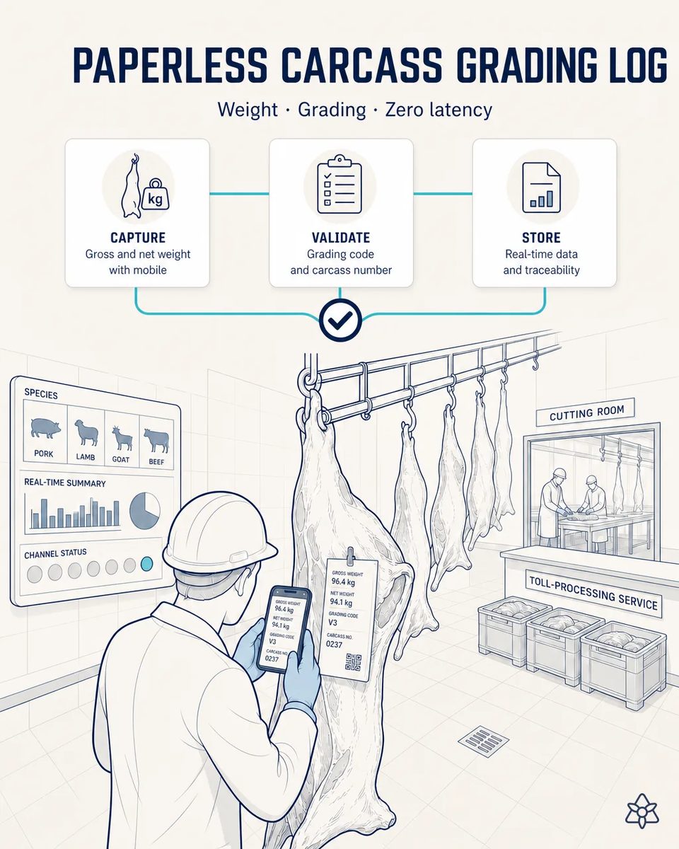 Grader in white coat and helmet photographing a carcass ticket showing gross weight, net weight and grading code, with carcasses hanging on the rail and the cutting room behind