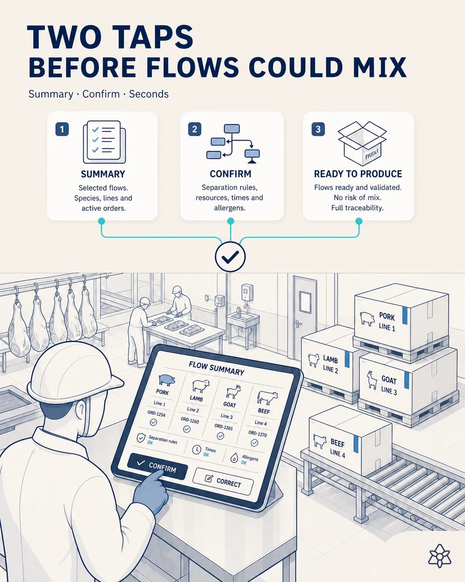 Operator in the cutting room confirming on a wheeled tablet a summary of four active flows by species and order number, with pallets labeled by line waiting on the conveyor behind