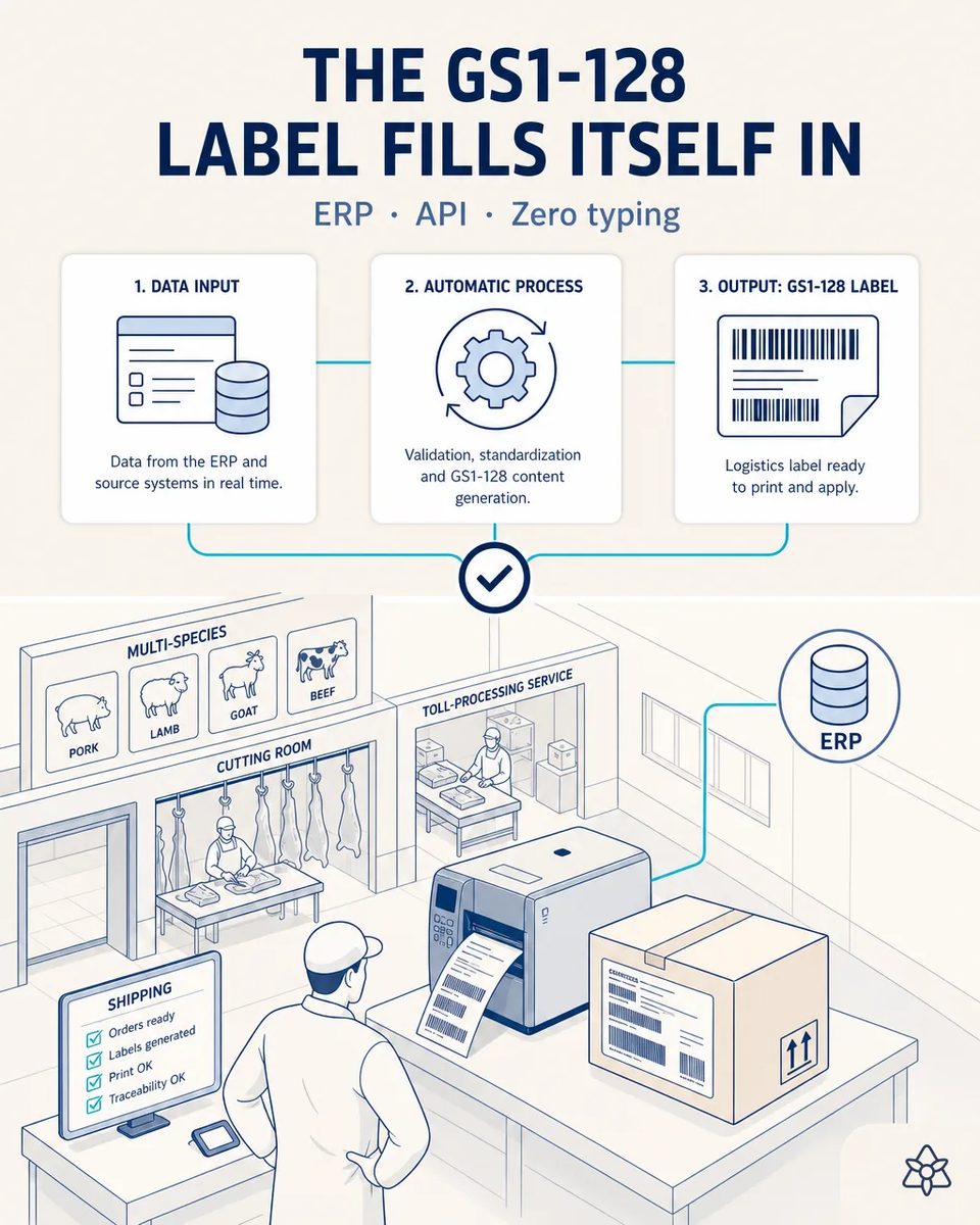 Label printer issuing a GS1-128 logistics label beside a labeled shipping box at the dispatch bench, with a shipping checklist on the monitor and the cutting room visible behind