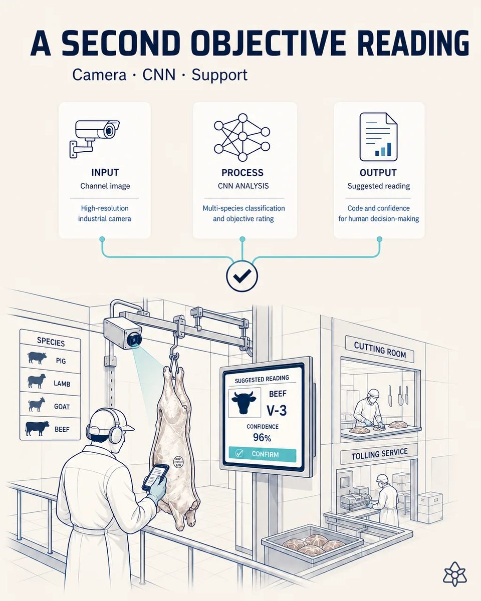 Industrial camera above the grading rail pointed at a hanging carcass, with a screen showing the suggested grade and its confidence next to the grader holding a phone, cutting room behind