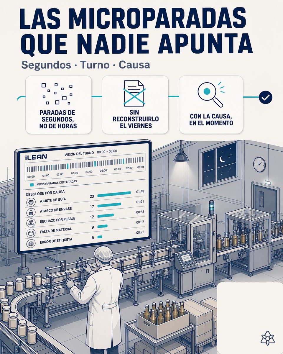 Línea de envasado de alimentación con panel mostrando el OEE en vivo calculado por iLEAN — OEE 24/7 con IA