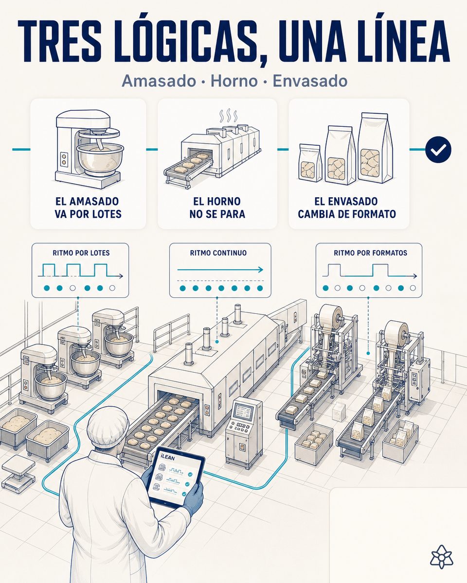 Línea de panadería industrial con horno túnel y cinta de piezas de pan inspeccionadas al 100% por el sistema de visión de iLEAN