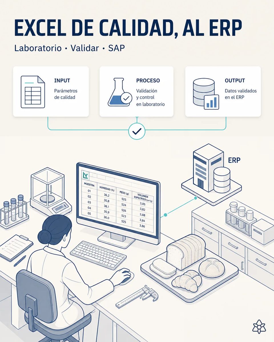 Técnica de laboratorio ante un monitor con la hoja de humedad, peso y volumen específico por muestra, con balanza de precisión, pan de molde rebanado y bollería sobre la mesa y el ERP conectado