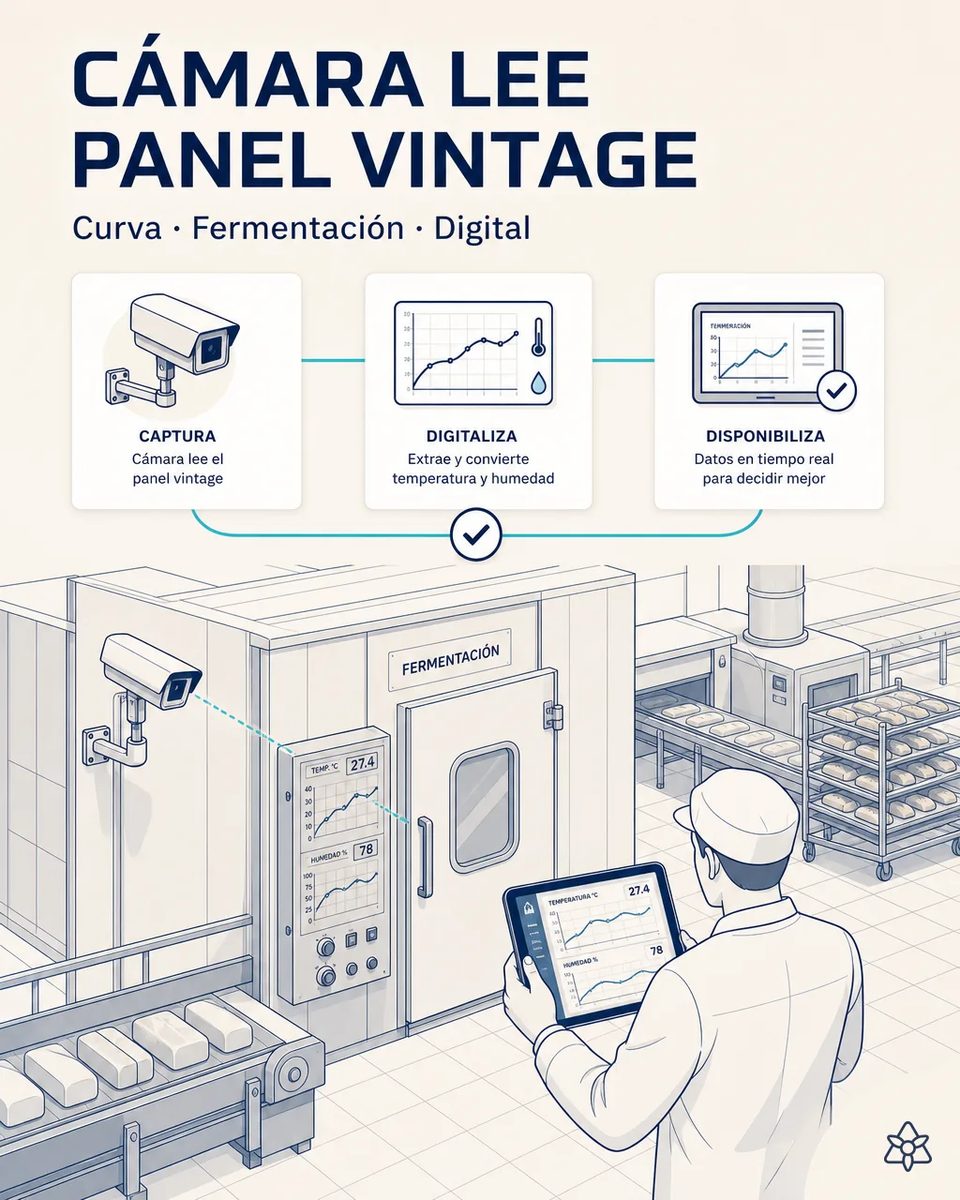 Cámara industrial fija en la pared apuntando al panel de una cámara de fermentación con curvas de temperatura y humedad, mientras un técnico consulta los mismos datos en una tableta junto a carros de pan