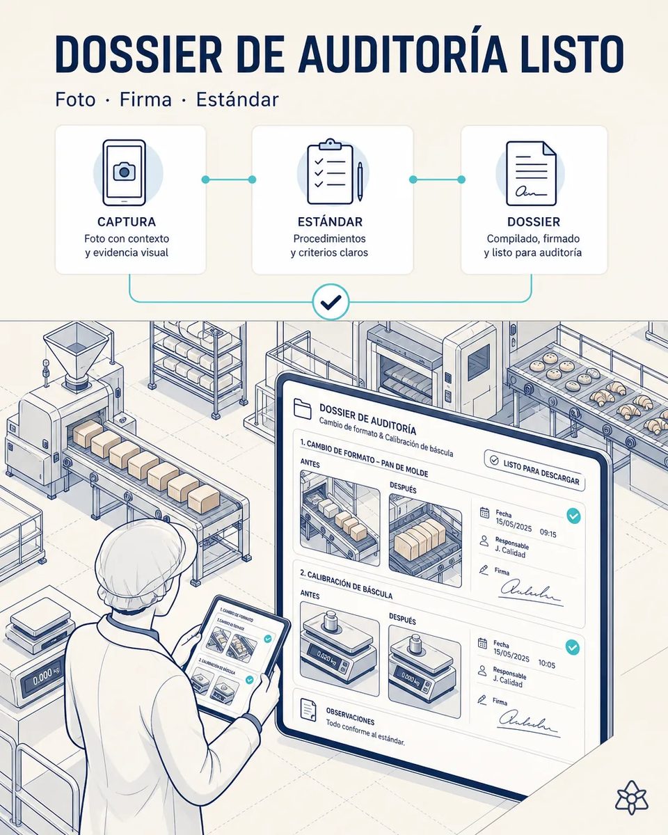 Técnica de calidad revisando en una tableta el dossier de auditoría con fotos antes y después de un cambio de formato de pan de molde y de la calibración de una báscula, con fecha, responsable y firma