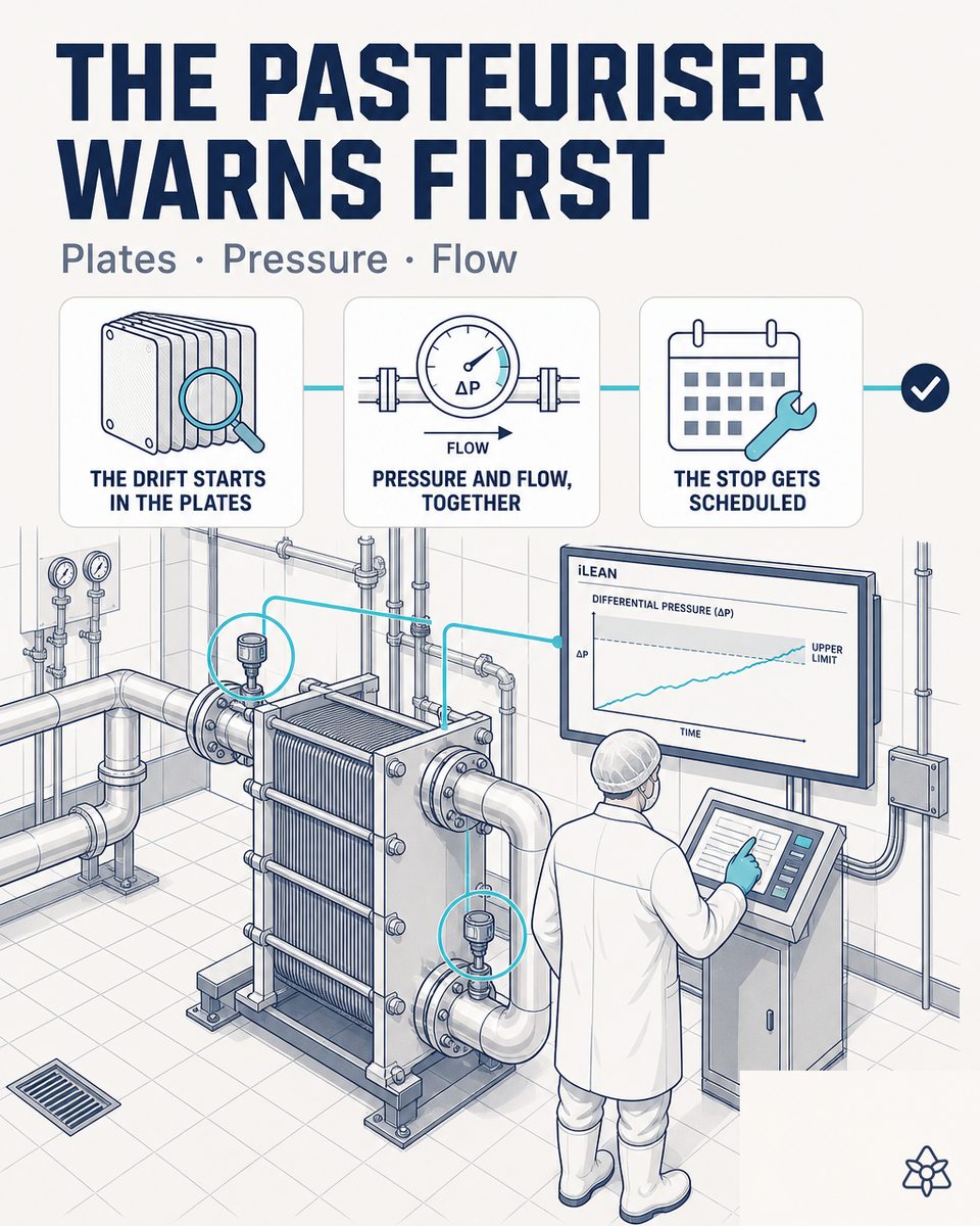 HTST pasteurizer with vibration sensors on the centrifugal pump and an Edge terminal reading differential pressure — predictive maintenance with AI