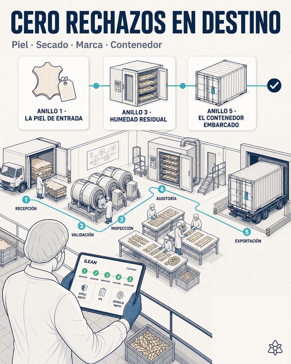 Sala de control de una fábrica de masticables de carnaza con los cinco anillos de verificación iLEAN coordinados, desde la recepción de piel y químicos hasta el precintado del contenedor