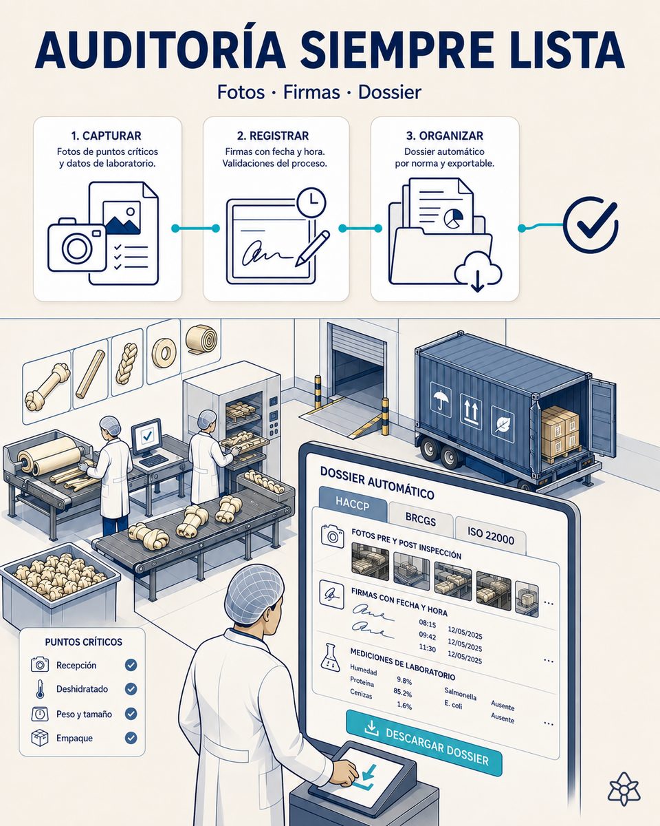 Responsable de calidad de una fábrica de masticables de carnaza descargando el evidence pack de un contenedor generado por iLEAN Agents con fotos de despeje, curvas de secado, analíticas y fotos de carga y precintado