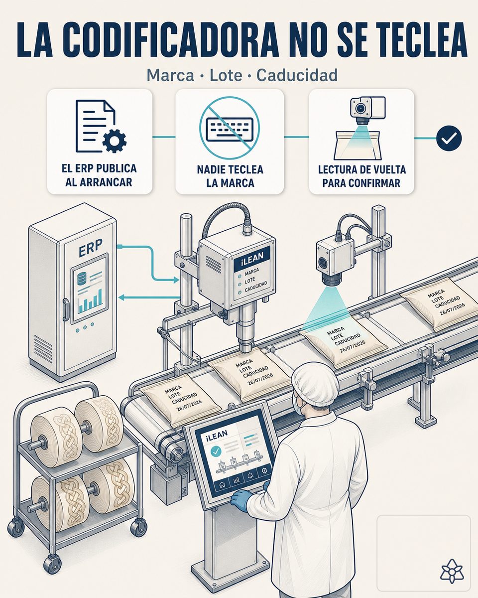 Codificadora de una línea de masticables de carnaza imprimiendo lote, fechas y el arte de la marca de destino recibidos automáticamente desde la orden activa del ERP vía iLEAN Connect