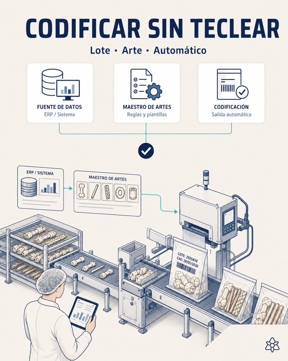Codificadora de una línea de masticables de carnaza imprimiendo lote, fechas y el arte de la marca de destino recibidos automáticamente desde la orden activa del ERP vía iLEAN Connect