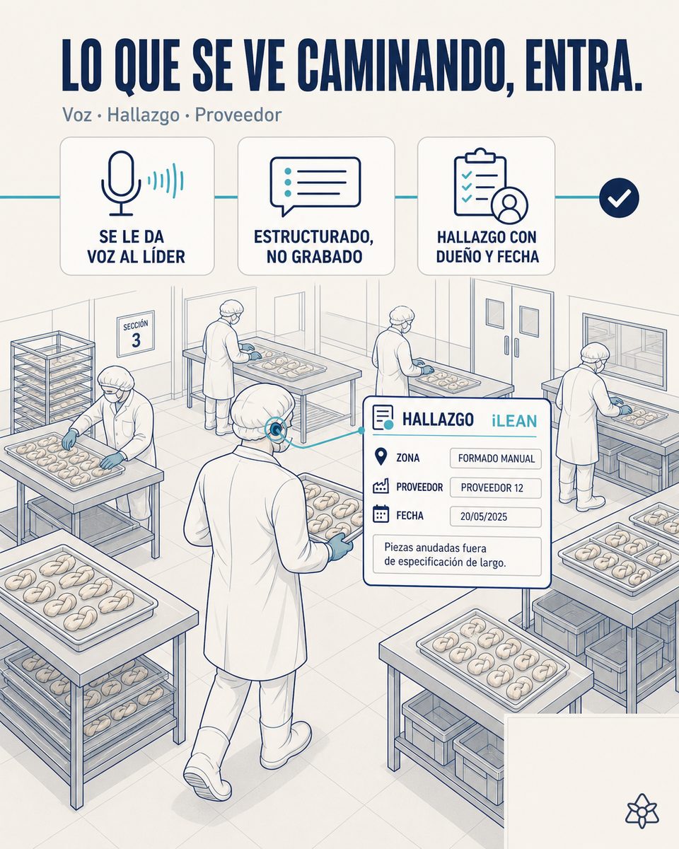 Líder de procesos de una fábrica de masticables de carnaza caminando entre las mesas de formado manual con pinganillo, dictando una observación que iLEAN Connect vincula al lote, la mesa y la planta activos
