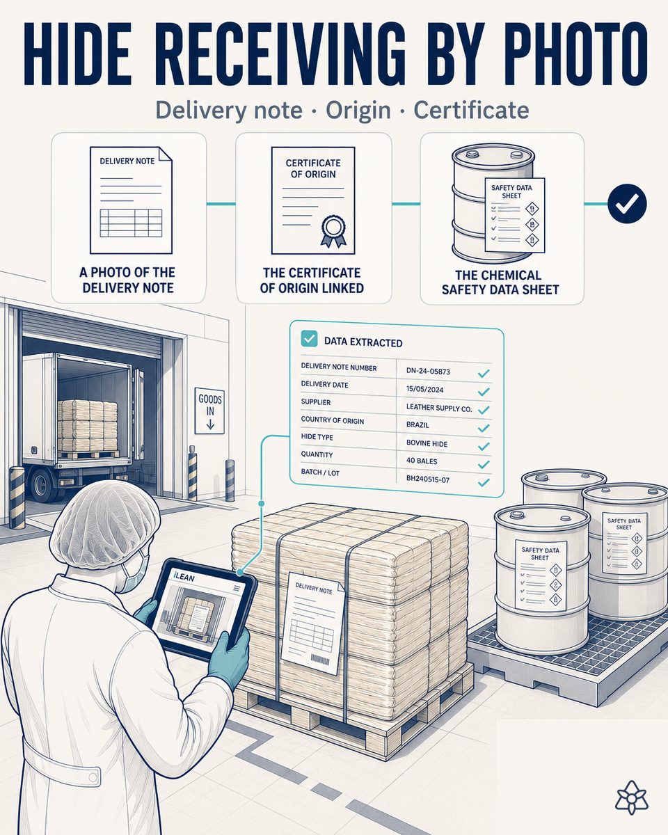 Receiving manager of a rawhide chew factory photographing the supplier's delivery note and the pallet labels of a hide batch with the tablet, while iLEAN Connect prepares the ERP feed