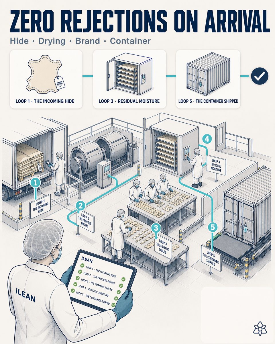 Control room of a rawhide chew factory with the five coordinated iLEAN verification rings, from hide and chemical receiving to the container's sealing