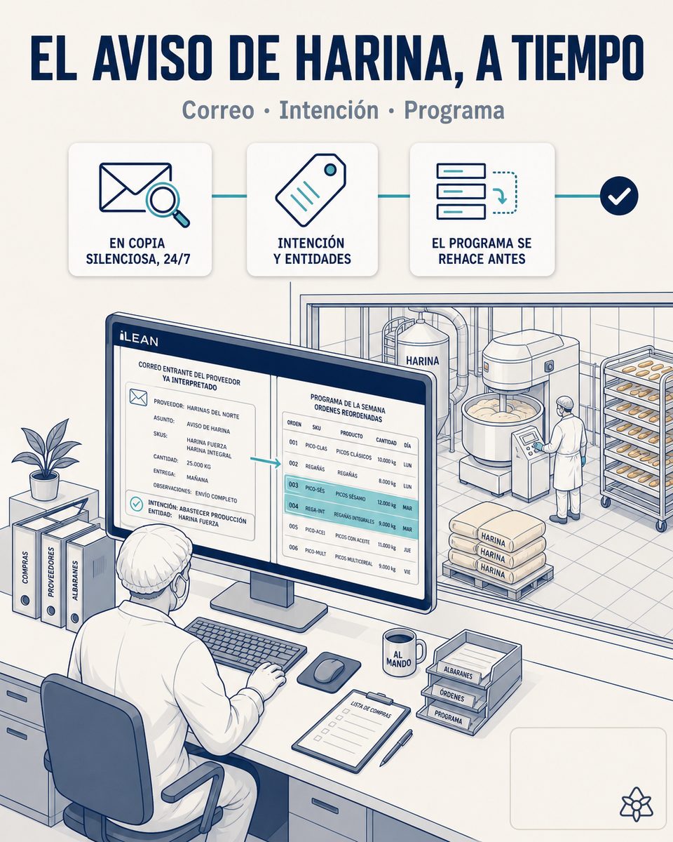 Bandeja de correo del jefe de compras con un email de proveedor avisando retraso de harina — iLEAN Connect leyéndolo en el segundo cero